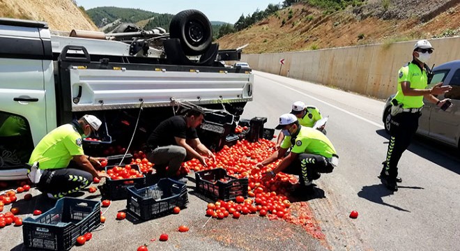 Kazada yola saçılan domatesleri polis topladı