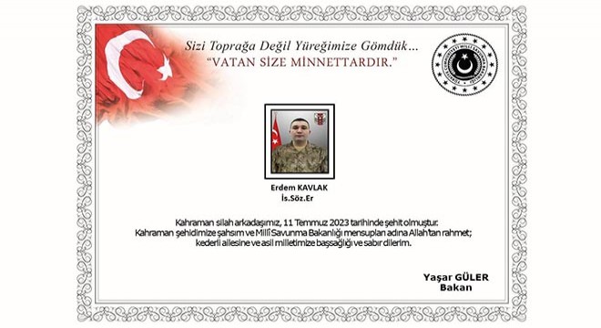 MSB: Silah kazasında ağır yaralanan asker şehit oldu