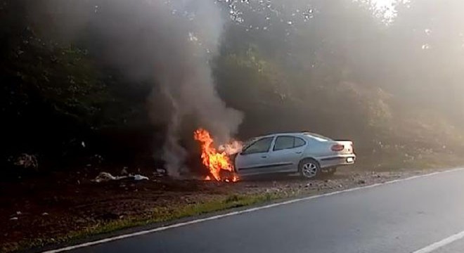 Mantar toplamaya gittiği otomobili, park halindeyken yandı