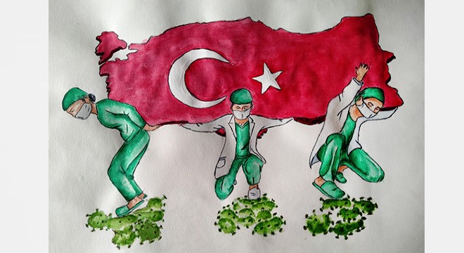 Melike, sağlıkçıları Türkiye yi sırtlarken resmetti