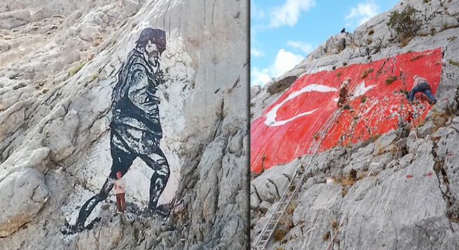 Atatürk ve Türk bayrağını kayaya işledi