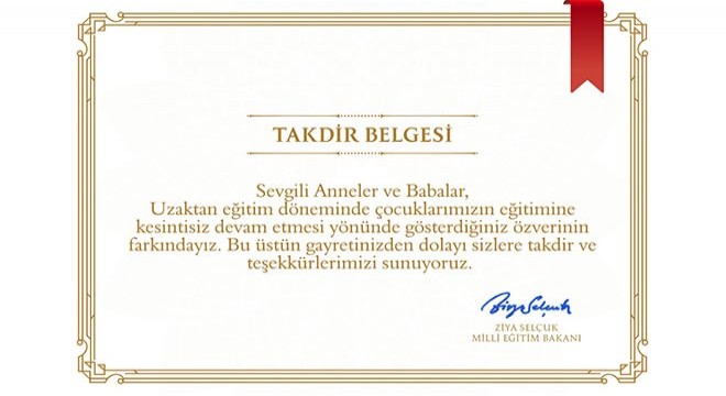 Bakan Selçuk'tan, velilere 'Takdir Belgesi'