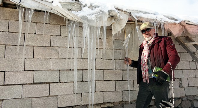 Erciş'te gölet dondu, çatılarda buz sarkıtları oluştu