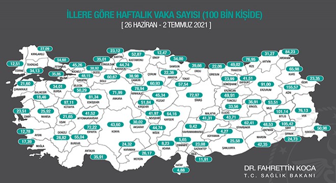 İllerin haftalık vaka sayısı haritası güncellendi