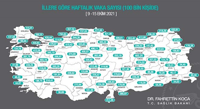 İllerin haftalık vaka sayısı haritası güncellendi