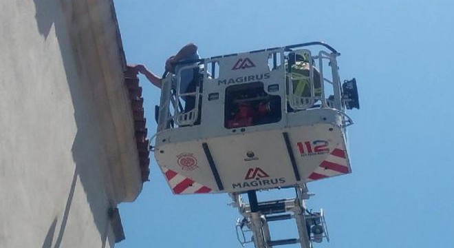 Kiremitlerin arasına sıkışan serçeyi itfaiyeciler kurtardı