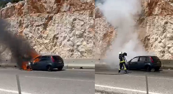 Korkuteli nde hareket halindeki otomobil yandı