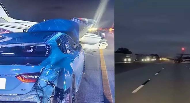 Küçük uçak, otomobilin üzerine acil iniş yaptı
