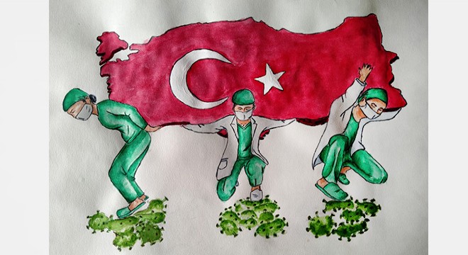 Melike, sağlıkçıları Türkiye'yi sırtlarken resmetti