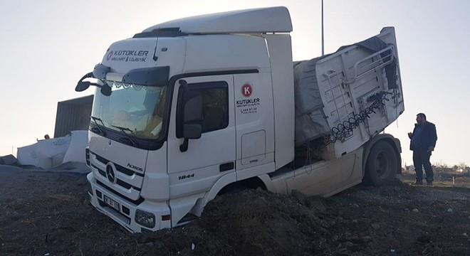 Önüne köpek çıkan TIR, devrildi