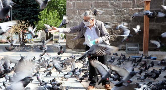 Sokağa çıkma kısıtlamasında güvercinleri beslediler