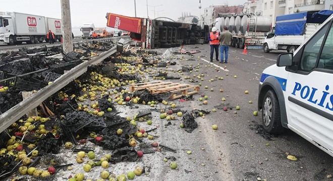 TIR devrildi, meyveler yola saçıldı