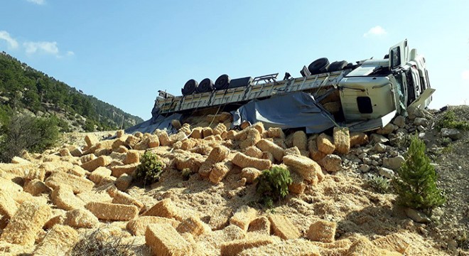 TIR şarampole devrildi, saman balyaları çevreye dağıldı