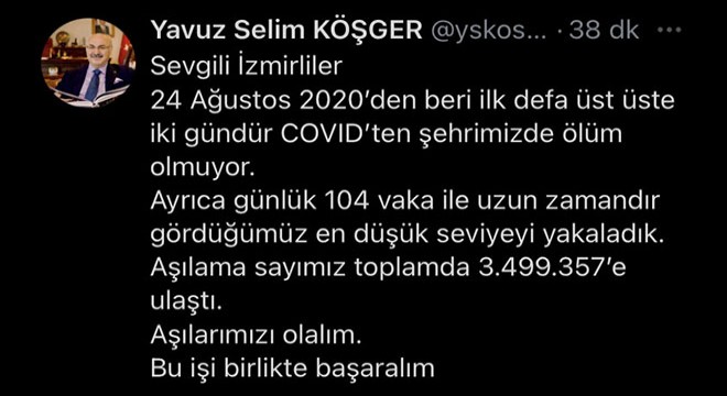 Vali paylaştı; Kentte iki gündür Kovid-19 dan ölüm yok