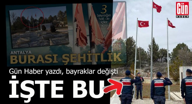 Ve şehitlikteki bayraklar yenilendi...