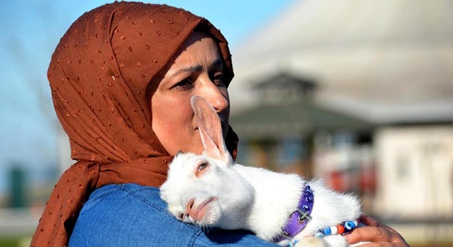 Yavru keçiye bebek gibi bakıyor