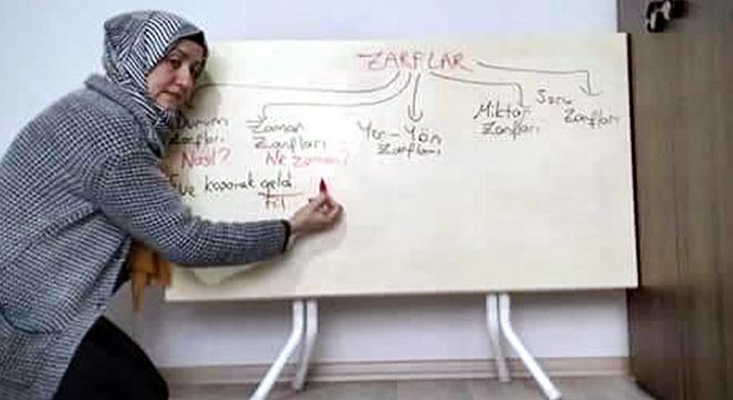 Yemek masasını okul tahtası yaparak ders anlattı