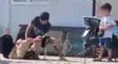 Elinde bıçakla yere yatırdığı eşini dövdü